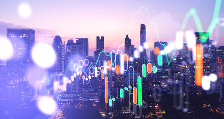 Bangkok skyline, forex diagrams and stock market candlesticks