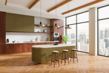Classical home kitchen interior with bar counter and cabinet, panoramic window