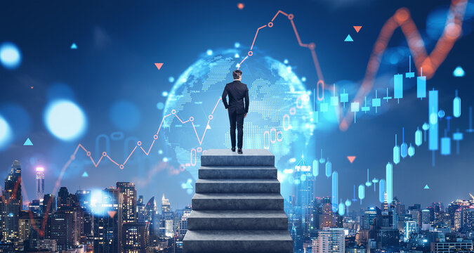 Man on concrete stairs, forex, earth globe and Bangkok skyscrapers - Powered by Adobe