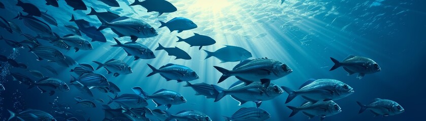 Fototapeta premium A school of fish swimming through a sunlit ocean.