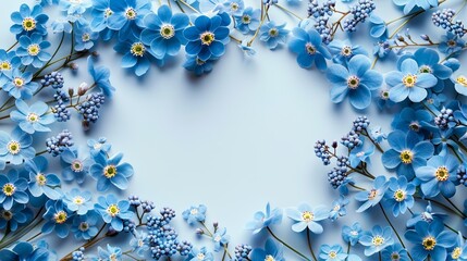 A border of delicate blue forget-me-not flowers arranged around a white space.