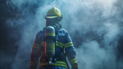 Fototapeta premium Safety profession construction , fireman wearing safety uniform from back view, working, training technique, safe body harness, fog smoke background with Generative Ai