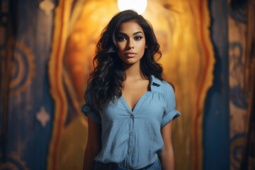Naklejka premium a beautiful pretty indian young woman in blue baggy denim and half sleeve top
