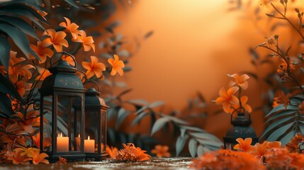 A lantern with candles sits in a mystical forest setting, surrounded by orange flowers and glowing light.