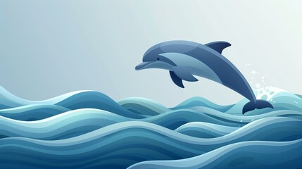 Obraz premium A lone dolphin leaps from the ocean waves, creating a splash of water. The blue and gray hues create a serene and peaceful atmosphere.