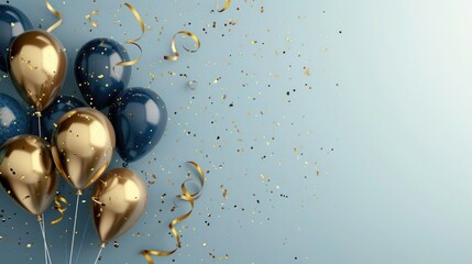 Fototapeta premium Birthday greeting background with gold and blue balloons. Birthday design with ribbons and balloon with copy space.concept for wish card, birthday celebration, birthday event