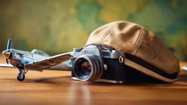 a camera, hat and map on a stunning bokeh background. seamless looping time lapse virtual 4k video animation background.
