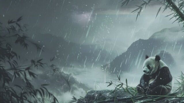 A panda looks sad in the rain under a tree