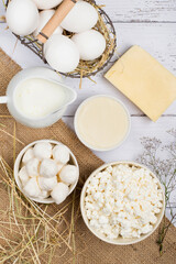 Assortment of dairy products, milk, cottage cheese, cheese, mozzarella, butter, eggs and yogurt on a light wooden background.