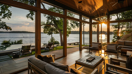 Fototapeta premium Modern Living Room with Sunset View - Photo