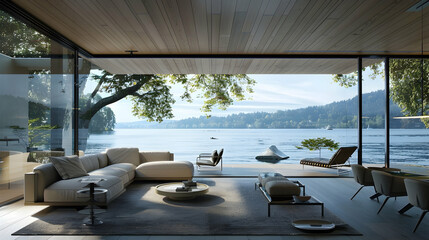 Fototapeta premium Modern Lakefront Living Room Interior Design 3D Illustration