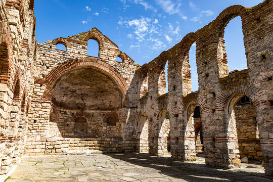 Ruins of the Byzantine Church of Saint Sophia in the old town of Nessebar, Burgas Region, Bulgaria. The ancient city of Nessebar is a UNESCO World Heritage Site.