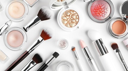 Cosmetics and brush on white background