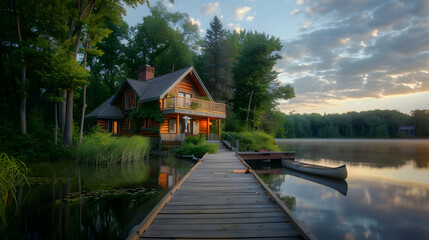 Scenic Lakefront Cabin with Wooden Dock at Dawn - Realistic Photo