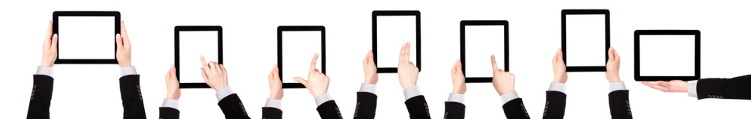 Touch screen tablet with blank screen and Businessman hand isolated on white