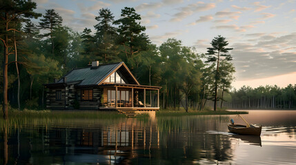 Obraz premium Log Cabin on Lake at Sunset 3D Illustration