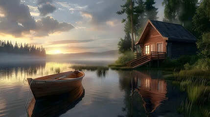 Fototapeta premium Cabin on the Lake at Sunset - 3D Illustration