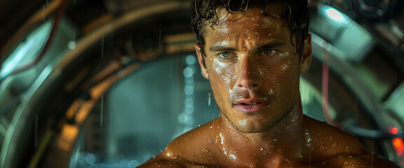A man stands shirtless in a submersible, his face illuminated by the faint glow of the water droplets falling around him