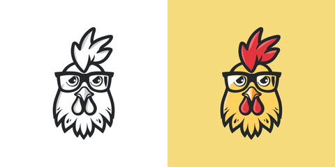 Rooster Cartoon Character Logo Design. Vector Illustration of a Rooster Mascot Wearing Glasses. © ngalong project