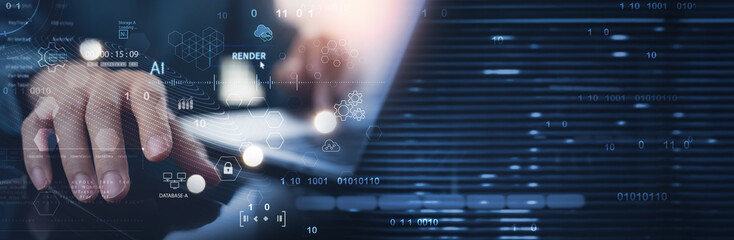 Data science, AI and cloud computing concept. Computer programmer working with database and global internet network and cloud storage, cyber security. Digital technology background, data engineering.