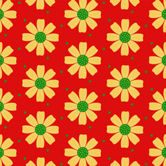 Golden flowers seamless pattern isolated on red background.Christmas repeat pattern.Chinese new year wallpaper.Vector graphic illustration.