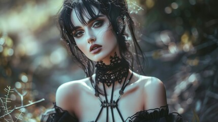 Goth styled brunette model, fashion and make-up portrait shoot . Gothic, Goth, Emo, New Wave, Dark style fashion. Dark smokey make-up, red lipstick. Dramatic. Elegant.	
