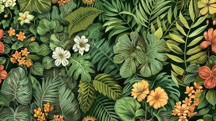 Naklejka premium Abstract foliage and botanical background. Green tropical forest wallpaper of monstera leaves, palm leaf, branches in hand drawn pattern. Exotic plants background for banner, prints, decor, wall art.