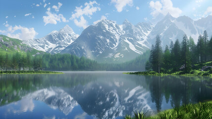 Mountain Lake Reflection 3D Illustration