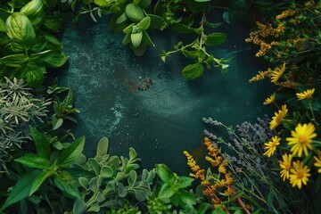 Naklejka premium Assorted fresh herbs displayed in a border. Culinary idea featuring herbs from a spice garden. Nourishing cuisine. Overhead perspective.