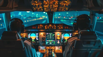 view of a cockpit with two pilots and a view of the sky