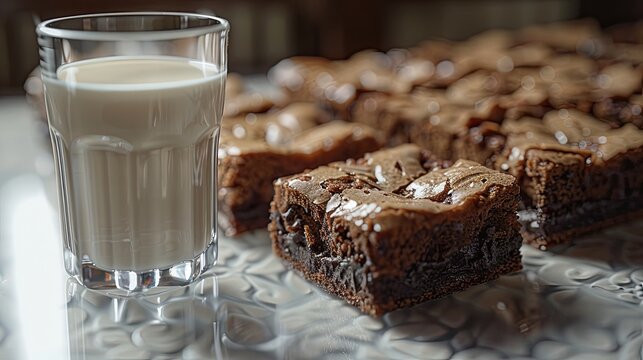 Homemade Delight A digital artwork of a brownie and a glass of milk, showcasing the homemade charm of the treat The scene is warm and inviting, evoking feelings of home and comfort 8K , high-resoluti 