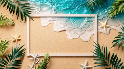  Sand with palm and tropical beach and sea background with frame design for creative advertising summer vacation and travel concept. 