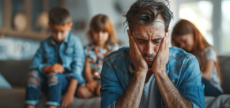 A man sits with his hands on his face, looking overwhelmed and exhausted as two children sit beside him