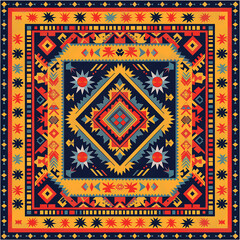 print design in the style of ethnic carpet patterns, Aztec art and African textile designs