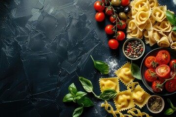 Italian food theme with pasta, ravioli, tomatoes, olives, and basil displayed on a dark background. Horizontal orientation with blank space for text.