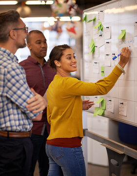 Business people, whiteboard and brainstorming with planning, group or share ideas with schedule. Creative, employees or staff with project, talking or cooperation with copywriting, startup or support