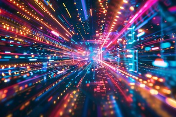 Fototapeta premium A vibrant and dynamic abstract digital background featuring futuristic neon lights in a mesmerizing array of colors, creating an immersive and high-tech atmosphere