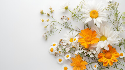 Bright pattern of chamomile daisy flower stems and buds on a white backdrop, Background with a lovely summer flower texture,  A simple and elegant border of spring daisies against a clean white 