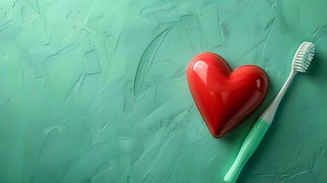 Toothbrush tube and toothpaste heart on green table in top view very detailed and realistic shape
