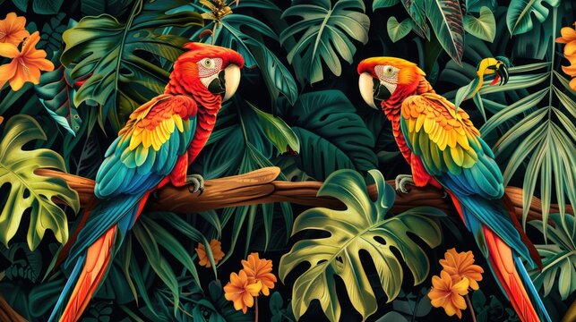 Illustration of a tropical rainforest with parrots