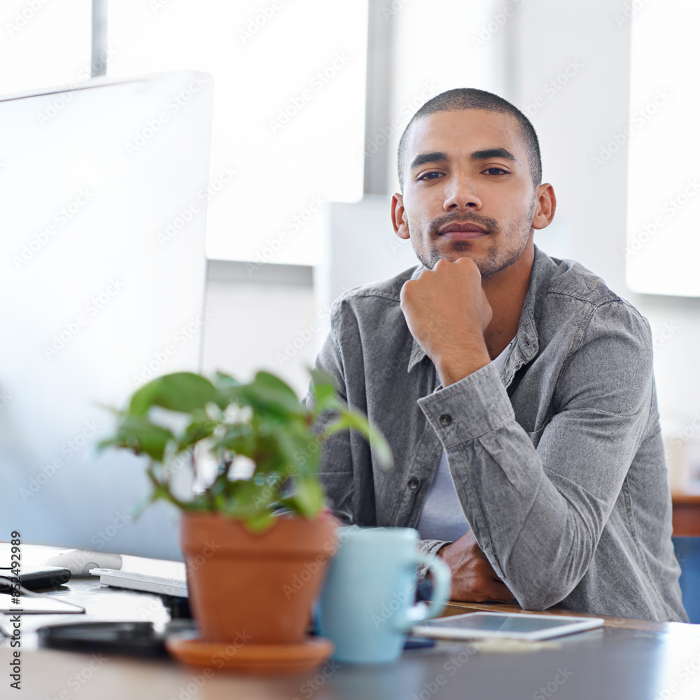 Poster Confident, portrait or man on computer for problem solving, solution or online firewall troubleshooting. Startup, cybersecurity upgrade or web developer thinking of information technology or system