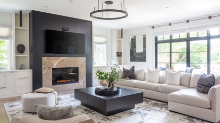 Fashion furniture inside modern light living room with white sofa