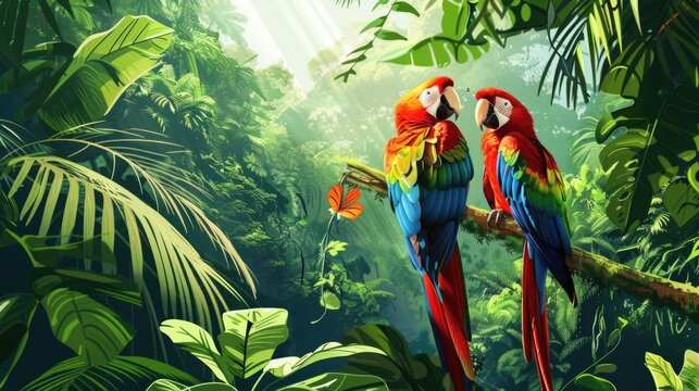 Illustration of a tropical rainforest with parrots
