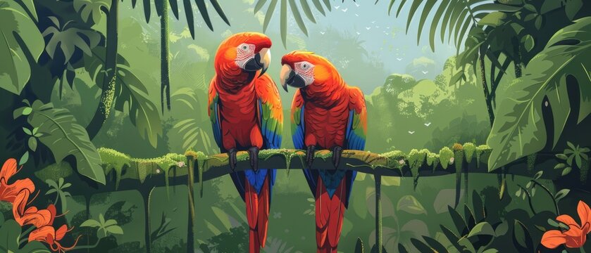 Illustration of a tropical rainforest with parrots