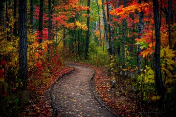 A scenic view of a winding forest path surrounded by colorful autumn leaves. The vibrant hues of red, orange, and yellow create a stunning landscape