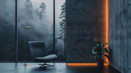 Modern Interior Design with a View of Foggy Forest