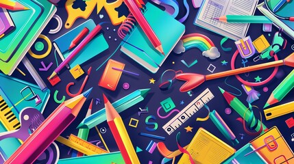 Colorful and vibrant illustration of school supplies and stationery items for back to school