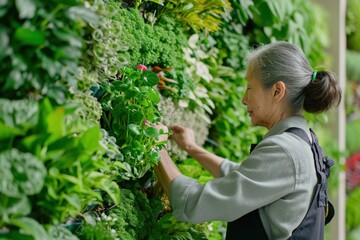 Elderly Woman Tenderly Caring for Vibrant Flowers in a Sunlit Garden Setting