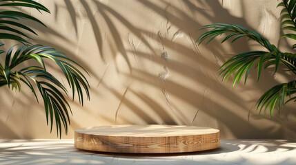 Obraz premium Nature Podium pedestal with leaf shadow for promotion presentation of cosmetics, healthy or beauty product placement pedestal display. Natural showcase product present