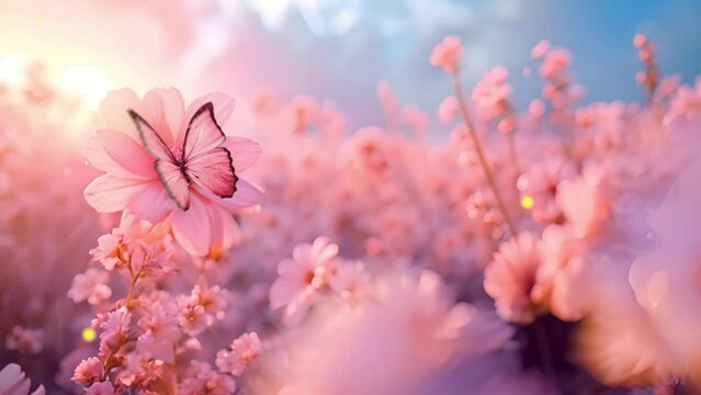 Beautiful pink flowers bloom, and pink butterfly particles flying around, dew drops, Soft focus nature background. Delicate pastel magical landscape 4k video